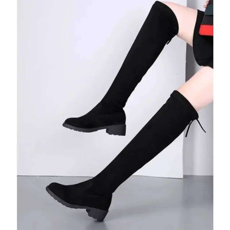 Women Winter Black Over The Knee 2024 New Comfort Lace Up Chunky High Heels Shoes Fashion Warm Suede Round Toe Boots