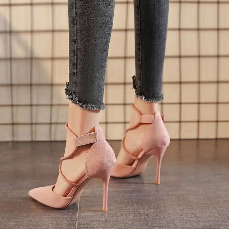 2024 New Cross-strap Roman Suede High Heels Women's Shoes One-line Buckle Fine Heel Pointed Sandals Zapatos De Mujer