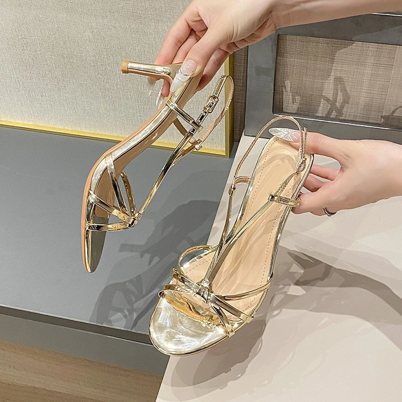 Summer Gold Strappy High Heels Womens One-Strap Thin Heel Temperament Socialite Ladies Open-Toe Sandals 260306
