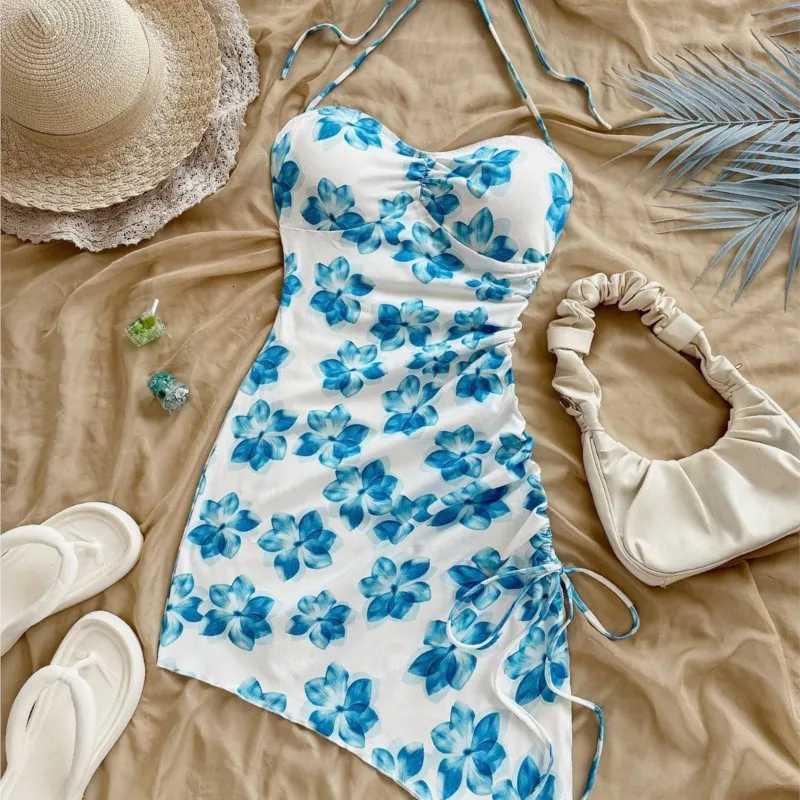 New Sexy Vacation Printed Mini Dress Women 2026 Summer Fashion Elegant Party Halter Neck Drawstring Sleeveless Irregular Dresses X260306