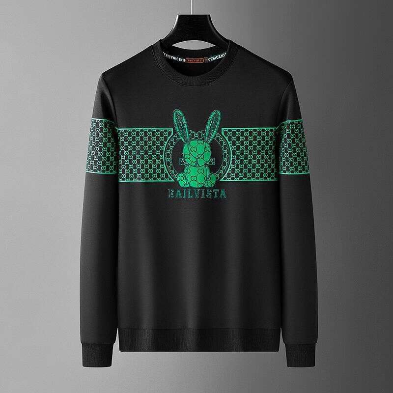 2026 European Sweatshirt, Trendy Luxury Men's Clothing, Cartoon Rhinestone Print, High-End Casual Round Neck Long Sleeve