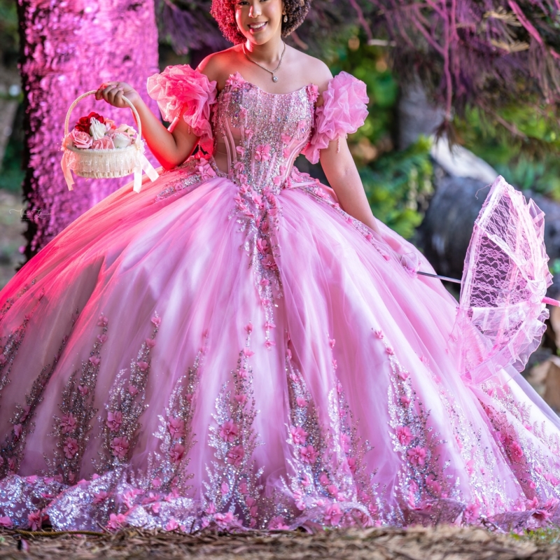 Pink Shiny Quinceanera Dresses Ball Gown Off The Shoulder Sequin Applique Flower Beading Crystal Corset Party Birthday Sweet 16 Dress Vestidos 15 De A