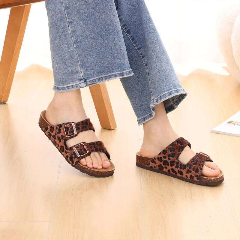Litfun Classic Women's Sandals Casual Cork Footbed Flat Bottom Slippers Open Toe Leopard Designed Slides With Adjustable Buckle