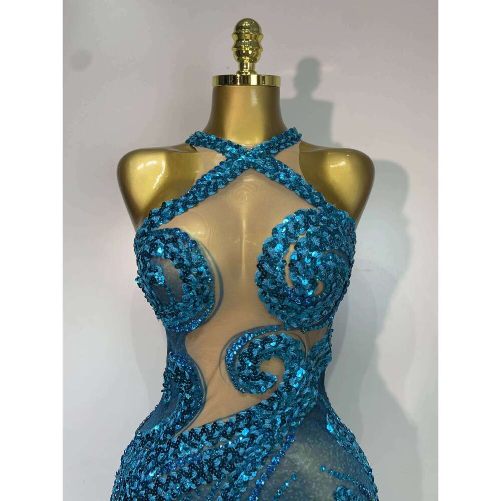 Women Luxury Blue Rhinestones Sequines Mesh Transparent Long Club Evening Party Dress Birthday Photoshoot Clothing