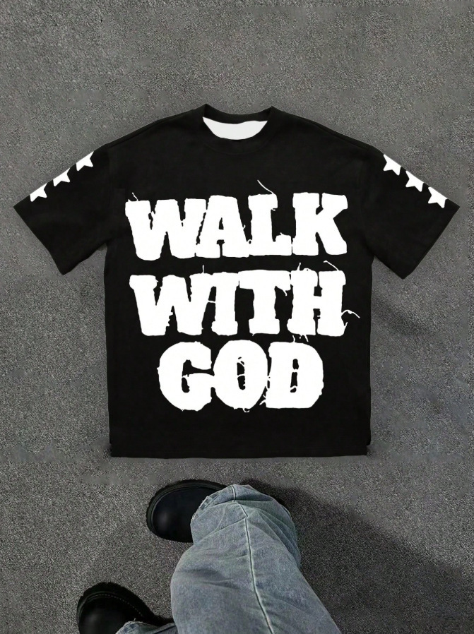 European and American Hiphop style T-shirt with star and letter patterns trendy American top unique and niche design sense