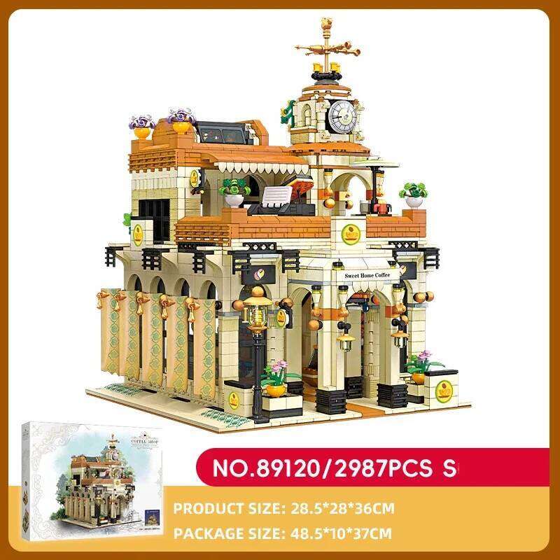2987PCS Coffee Shop Building Blocks European Style Vintage Cafe Model Bricks Set With Light Desktop Ornaments Kids DIY Toy Gift Z260305
