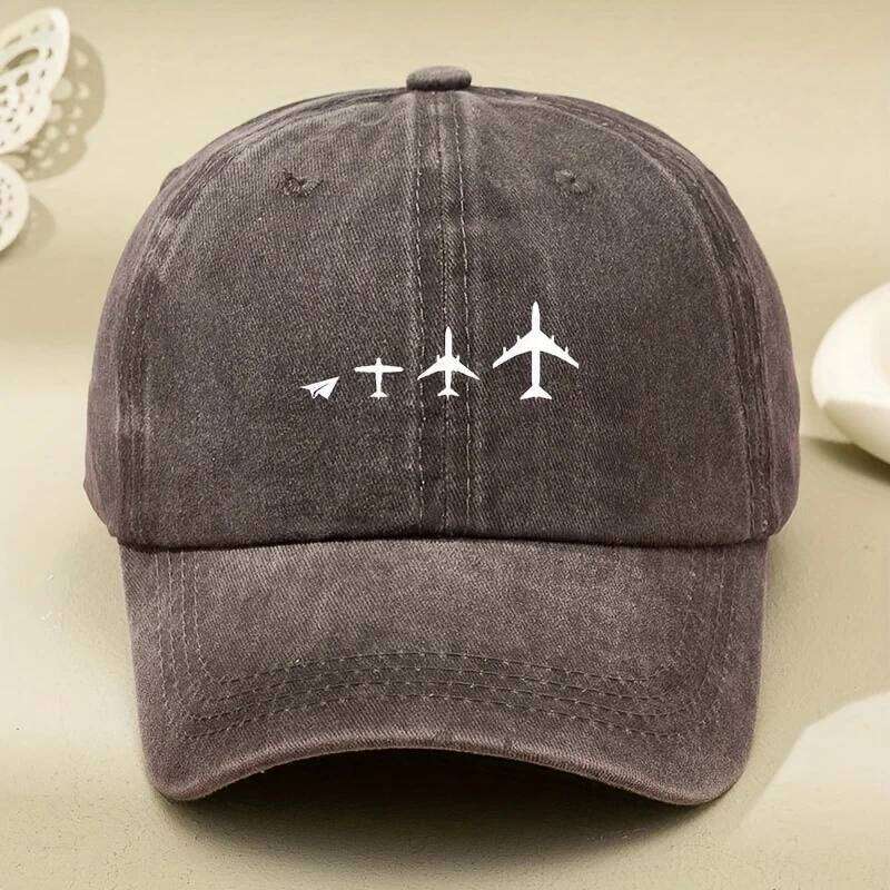 Retro airplane print washed baseball cap adjustable for both men and women, breathable black casual outdoor activity sun hat Y260304