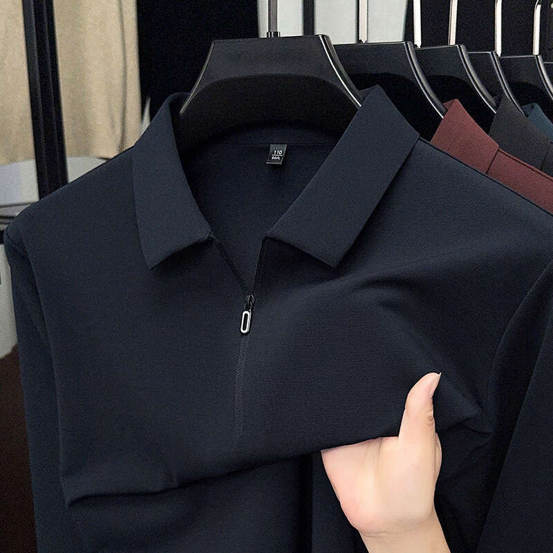 2025 New Spring and Autumn Seamless Long-Sleeve Polo for Men, High-End Business T-Shirt, Trendy Turn-Down Collar Base Shirt
