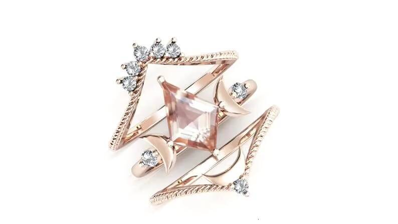 Moon of My Life Kite Shaped Morganite Wedding Ring Set Classic Antique Art Deco Engagement Ring with Rhodium Plating for Parties