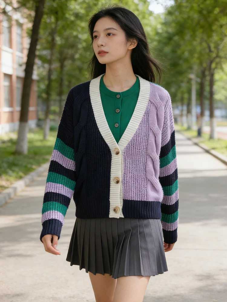 SLTNX Womens Cardigan Sweater Contrast Color Casual Joker V-neck Buttons Colorful Patchwork Street Trend Hipster Knit Coat M260306