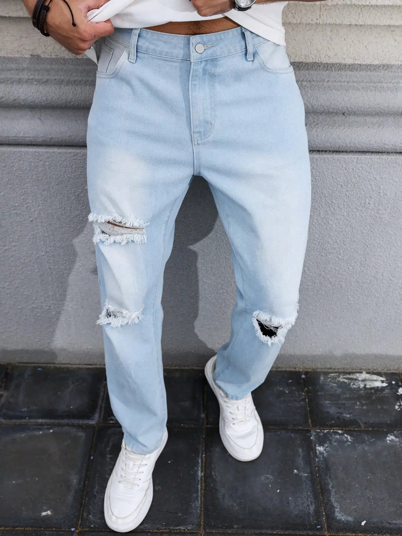 Mens Light Blue Ripped Jeans for Spring and Autumn Casual Denim Trousers Street Daily 260228
