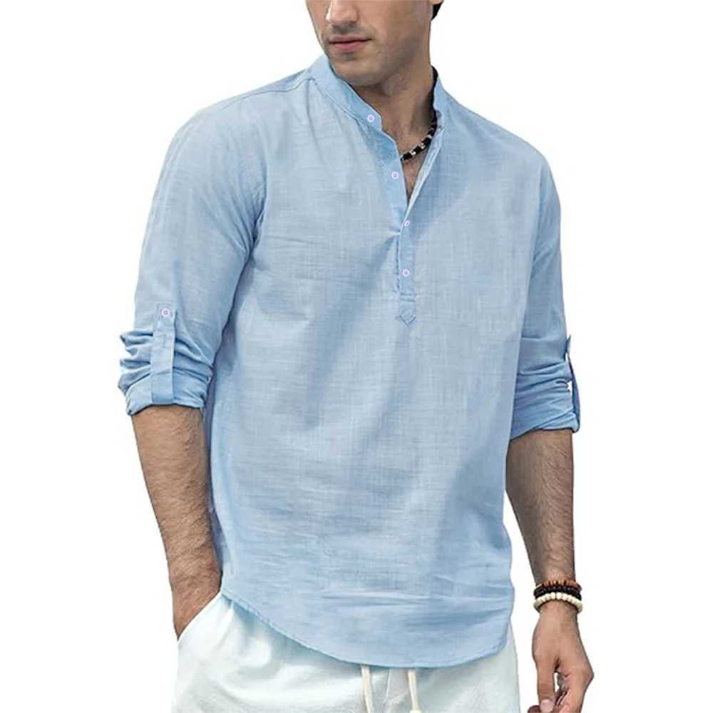 Mens Cotton Linen Long SLeeve Shirt Lightweight Henley Neck HAWaiian Beach Style Solid Color Tops Vacation T-shirt M260305