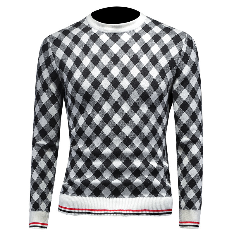 European Collection 2024 New Winter Men's Round Neck Plus Size Sweater Knitwear Thick Plaid Jacquard Base Shirt Trendy