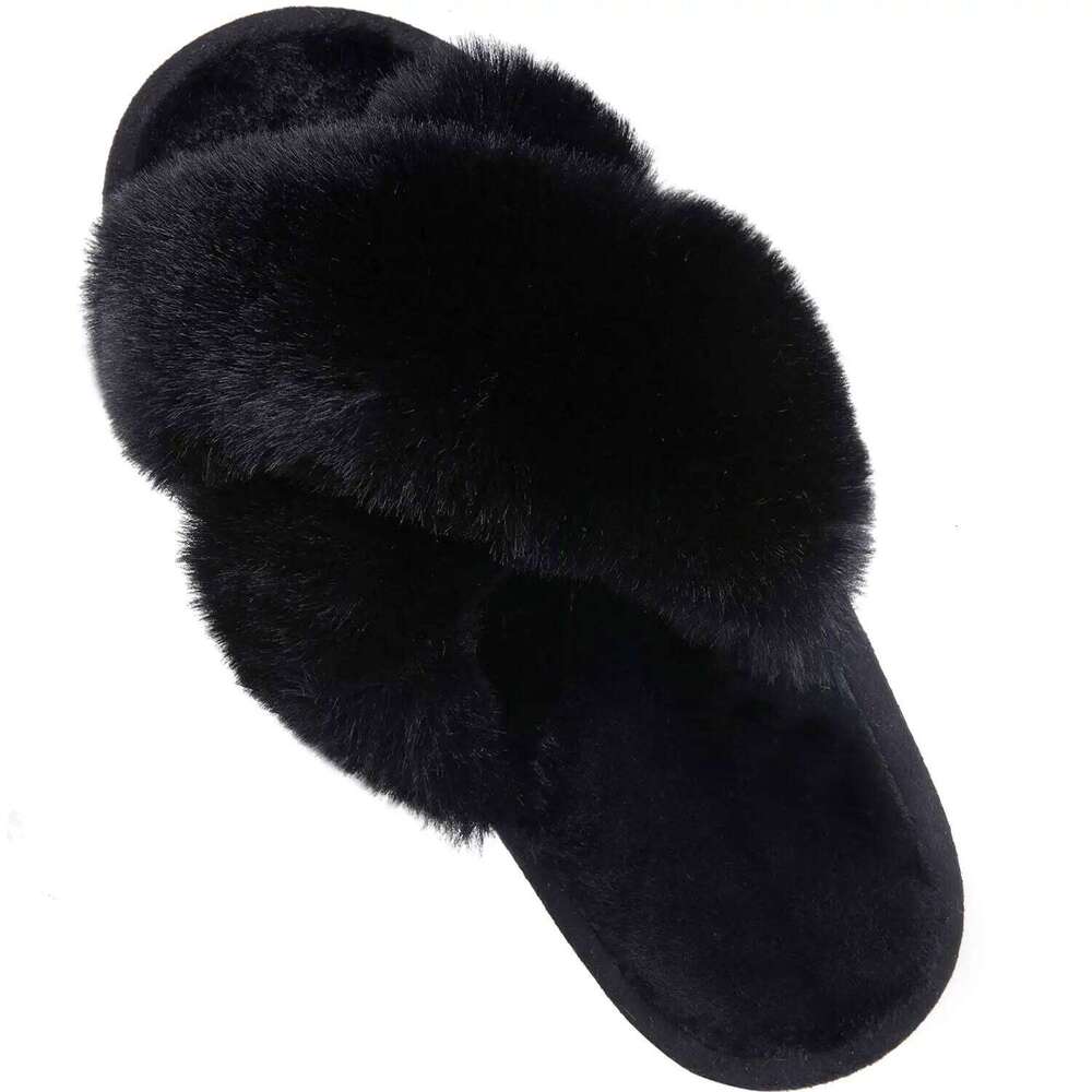 Litfun Winter Fuzzy House For Fluffy Fur Warm Thick Bottom Slides Cross Band Plush Lining Women Slippers