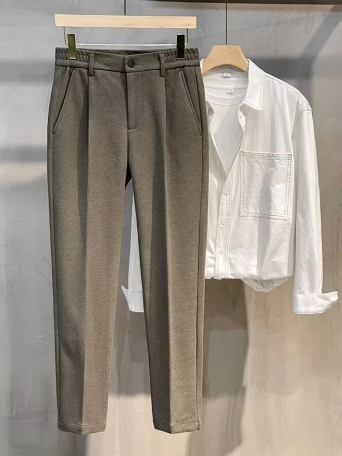 Mens Woolen Casual Pants Autumn Winter Thiened Straight Leg Slim Fit Long Trousers Korean Faion Nine Points Pants 260304