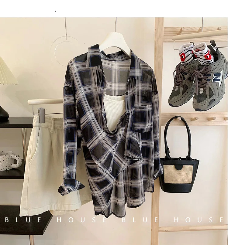 Red Black Checkered Long Sleeve Sunscreen Shirt for Womens Spring and Autumn Loose and Lightweight Shirt Top Outer 260306