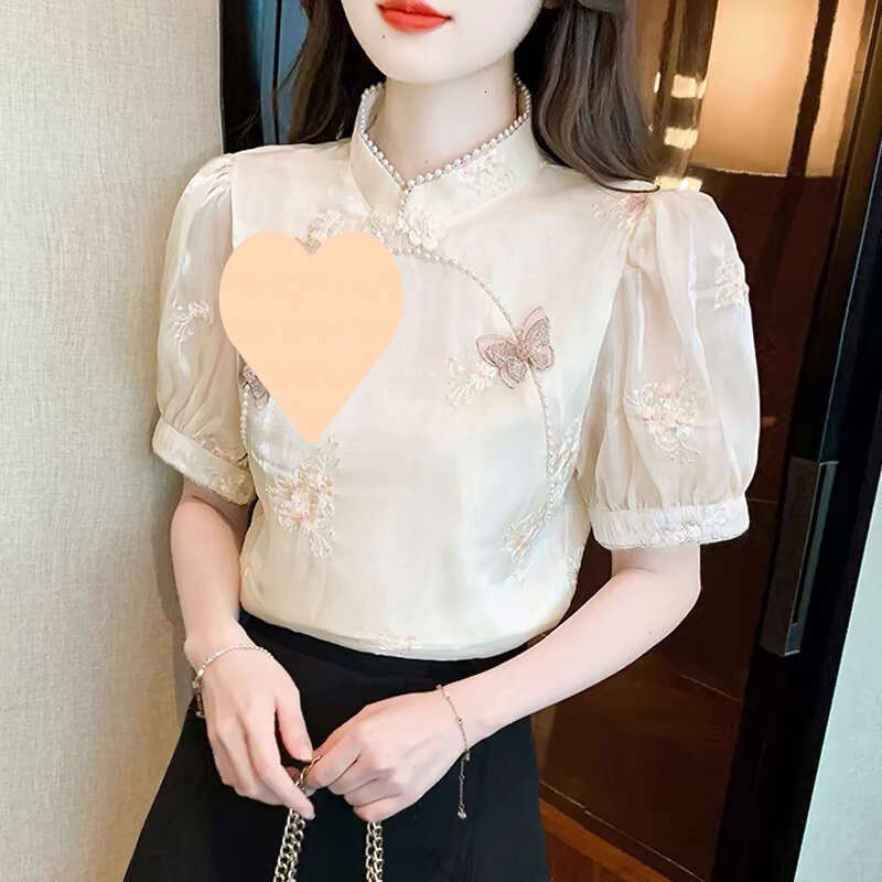 2026 Women's Summer New Design FashionBubble shirt chiffon topable Embroidered Heavy Work Beaded Women's irt Standing collar butterfly embro