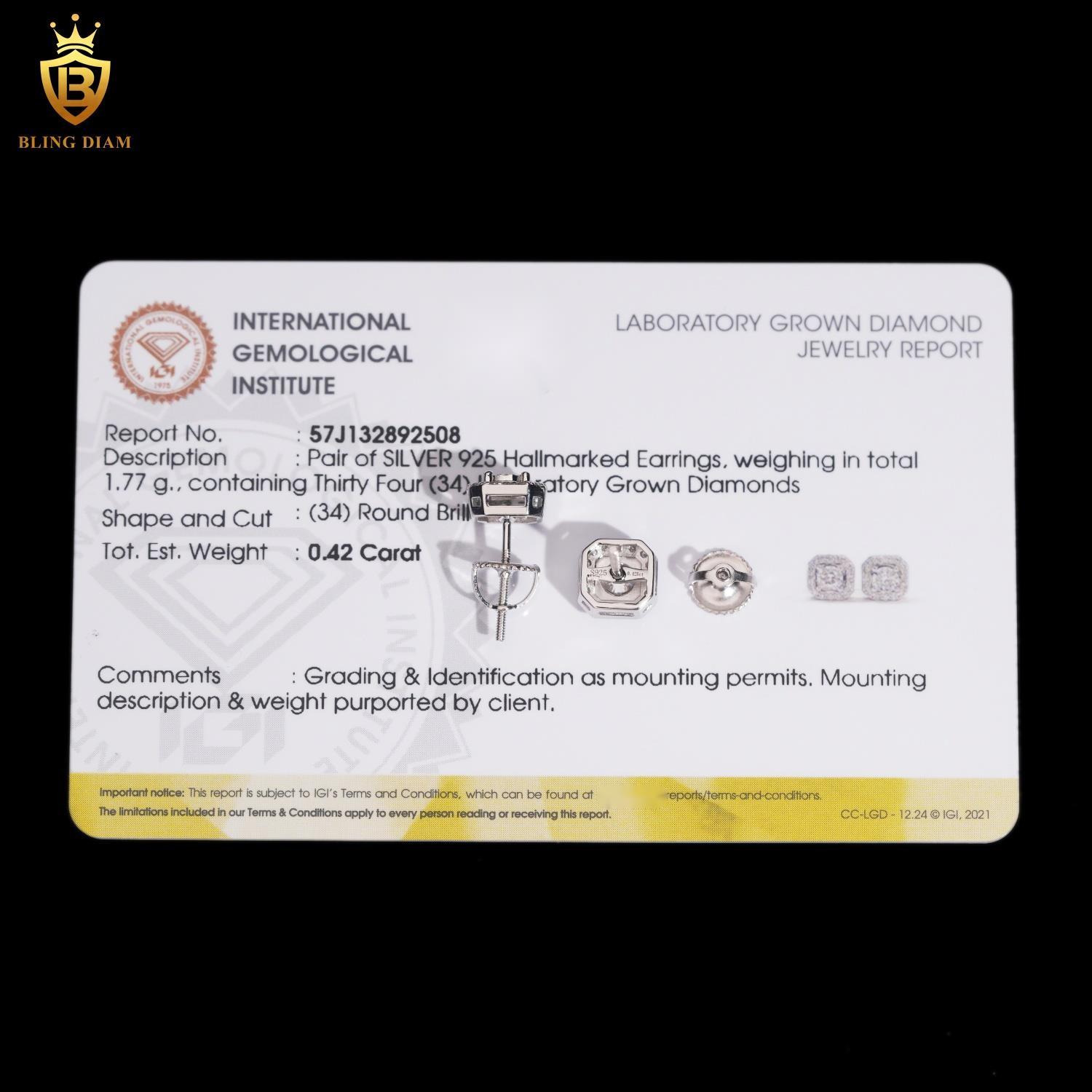 Hot Sale Fine Jewelry 925 Sterling Silver Diamond Lab Diamond Earrings Iced Out Jewelry Earrings Women with IGI Certification
