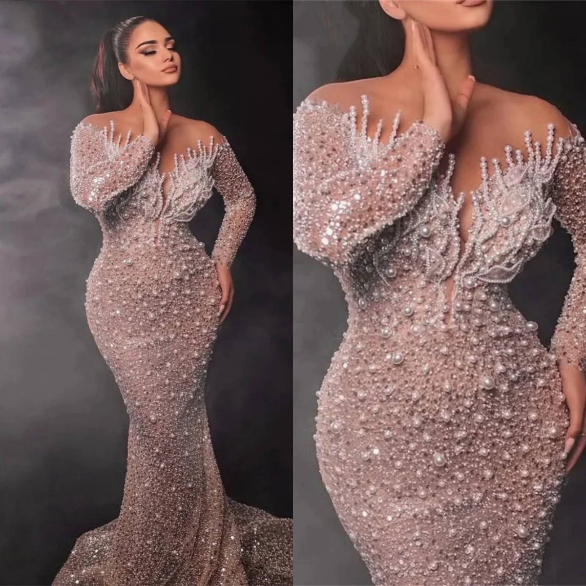 Plus Size Mermaid Evening Dress Pearls Sequined O Neck Prom Gowns Luxury Long Sleeve Floor-Length Party Dresses Customized