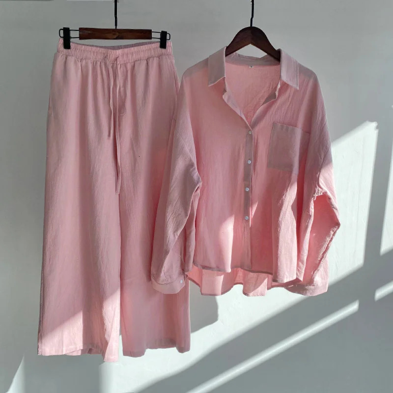 Large Size Two-piece Suit Women Cotton Linen Sets Long-sleeved Blouse Shirt Wide-leg Trousers Spring Summer Loose 2-piece Sets 260305