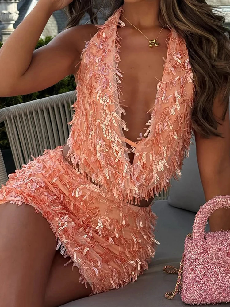Weird Puss Sequin Tassels 2 Piece Set Women Sexy Swing Collar Tank TopsPeach Hip Skits Midnight Summer Birthday Party Clubwear 260304
