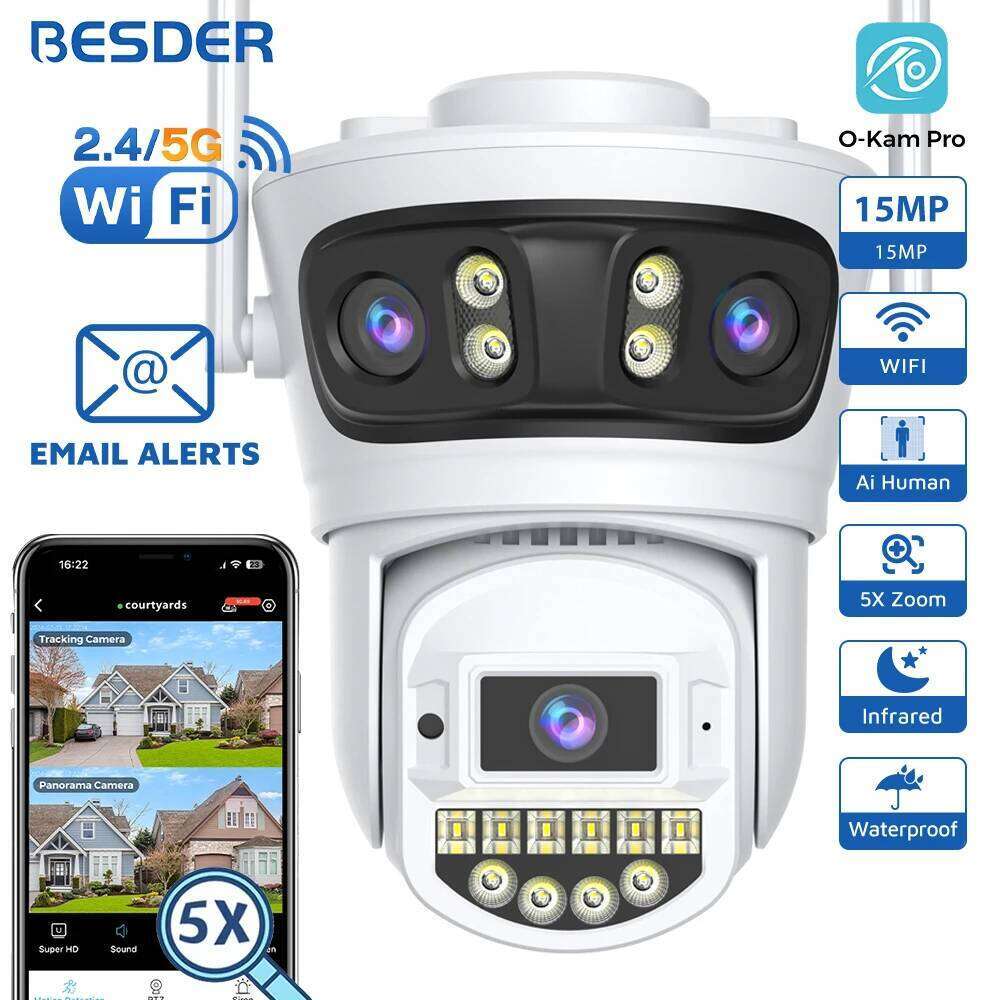BESDER 15MP Wifi IP Camera PTZ 10MP Three Screen 180 Wide Angle Outdoor Auto Tracking 8MP CCTV Security Protection O-Kam Pro 26W0306