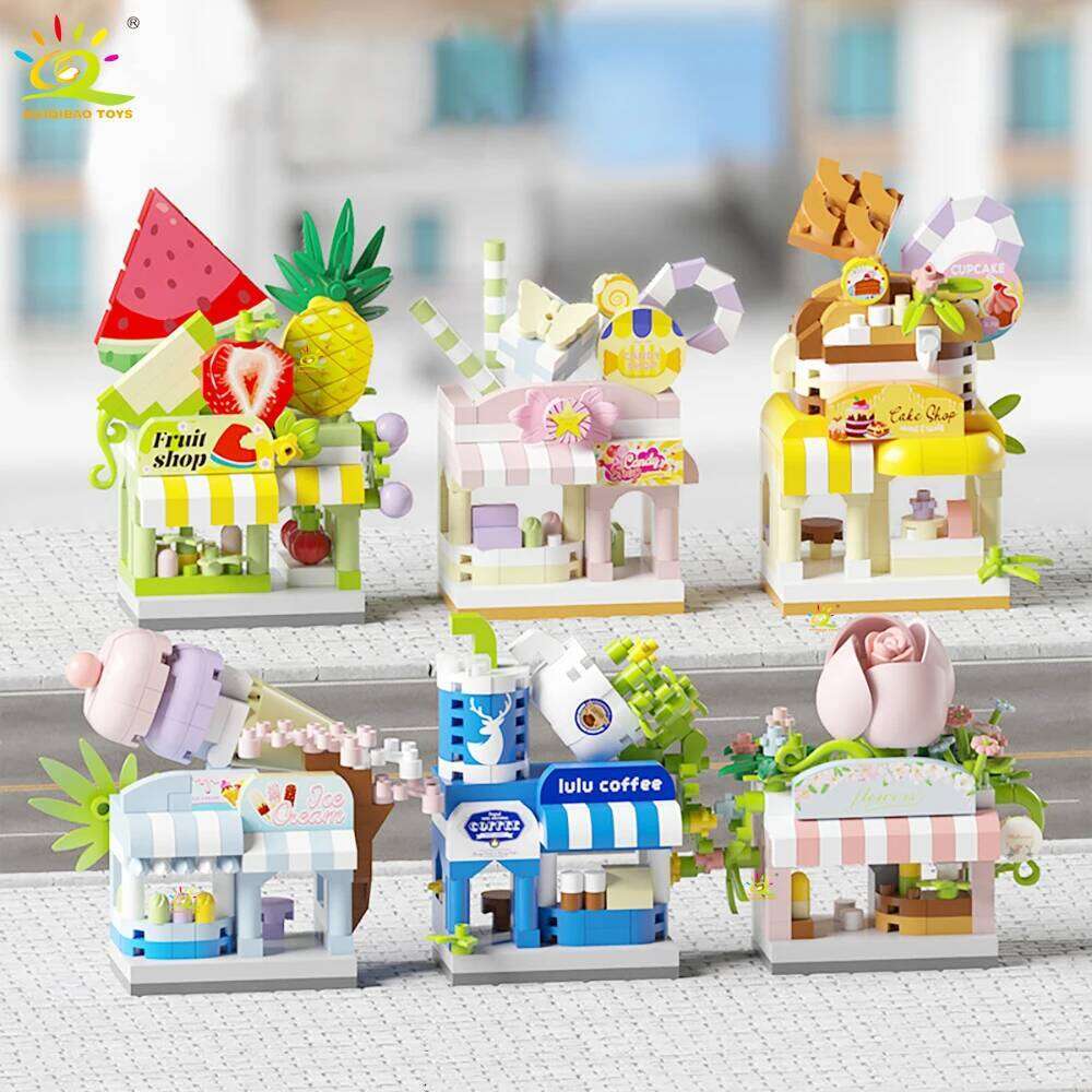 HUIQIBAO MOC Street Shop model Micro Building Block Burger Fried Flower Model Mini Brick Toy for Children Desk Decoration Z260306