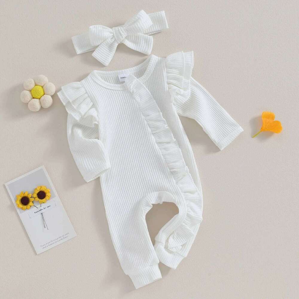 Pudcoco Infant Baby Girl Autumn Jumpsuit Solid Color Round Neck Flying Sleeve Ruffled Zipper Romper with Bow Headband 0-12M Z260306