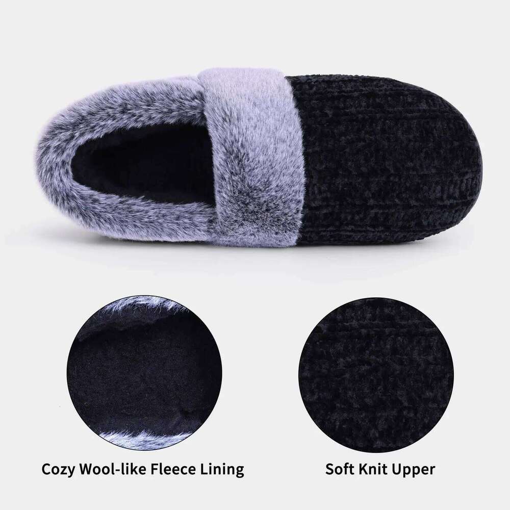 Litfun Winter Furry Women's Memory Foam Closed Back Slides Fur Knit Non-slip Indoor Slide Slip On Warm Outdoor Slippers