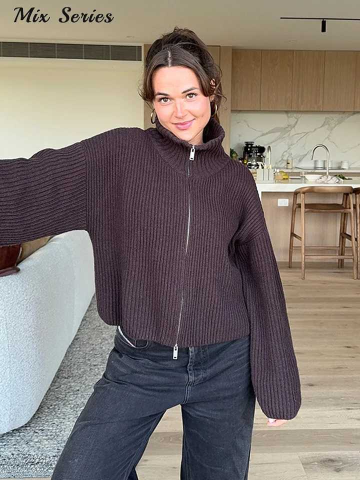 Casual Turtleneck Knitted Ribbed Sweater Womens Loose Full Sleeve Zippers Cardigan 2025 Autumn Winter Lady Minimalist Outerwear M260306
