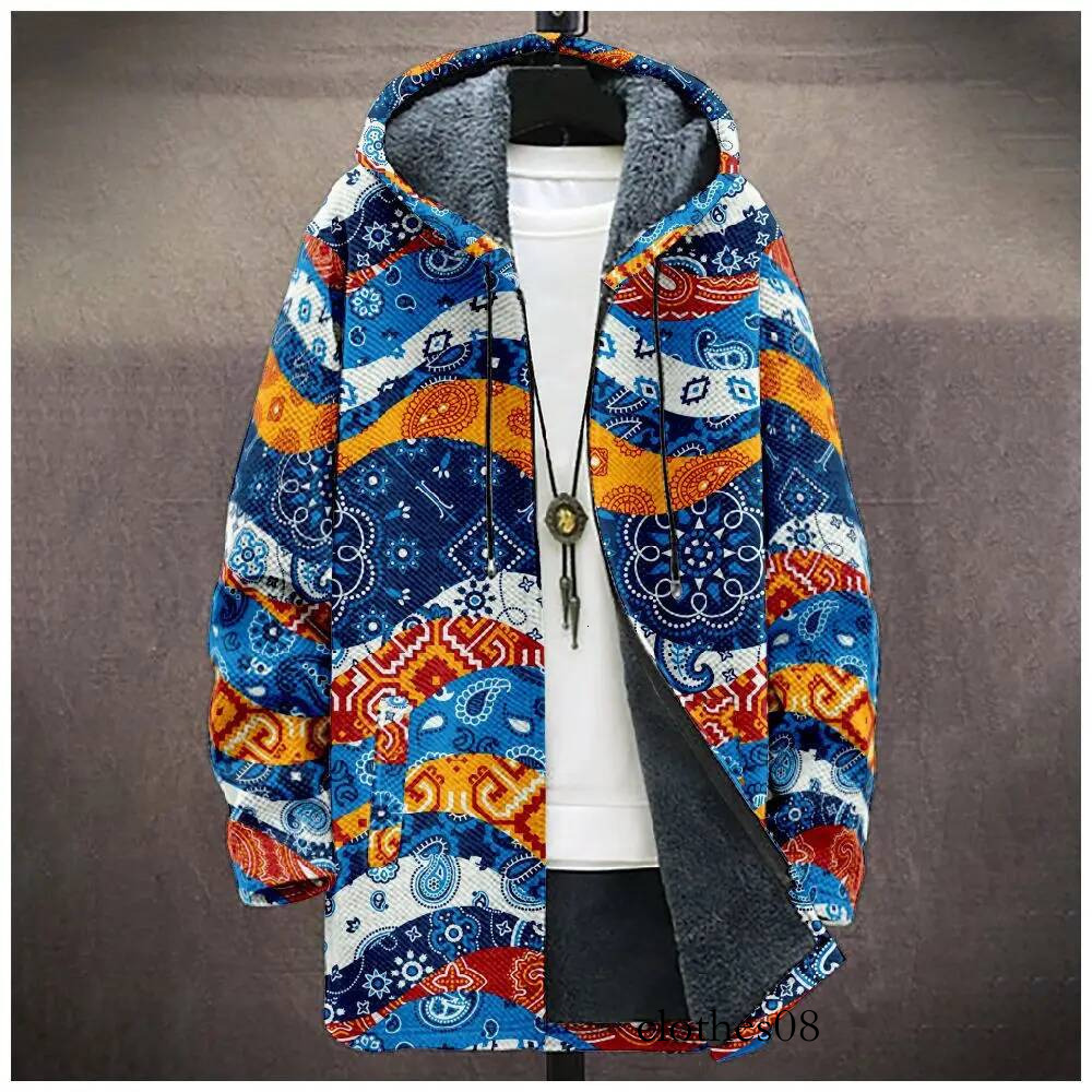 Youthful Colorful ethnic 3D Print Winter Sleeve Hoodies Zipper Jacket Men Fleece Long style Outerwear Warm Coats