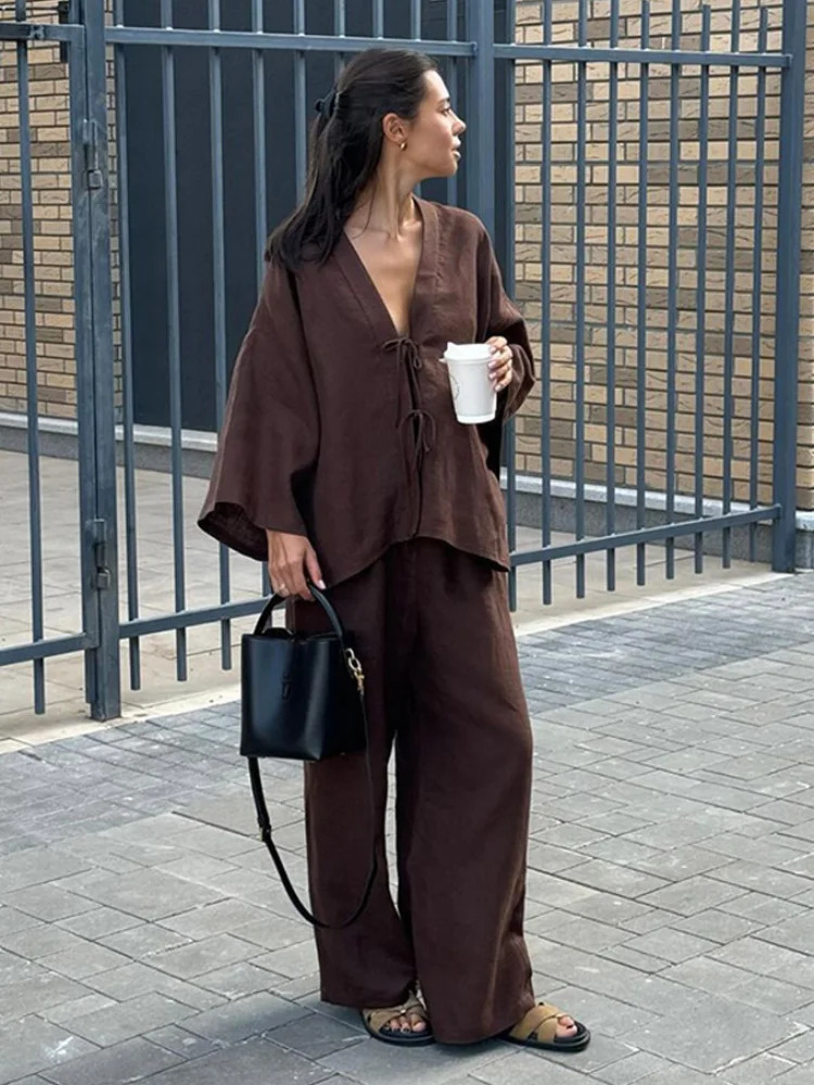 Brown Cotton Linen Suit For Women Chic Full Sleeves V-neck Lace-up Cardigan Loose Pants Set 2026 Summer Lady Casual Streetwear 260305