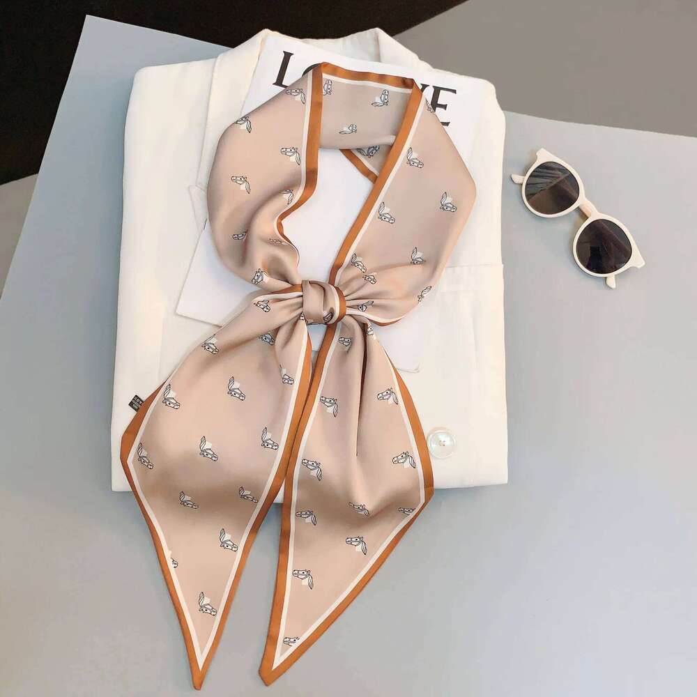 Cute Bunny Print Hair Ribbon Bevel Scarf Women Neck Tie Bag Scarfs Satin Silk Skinny Headscarves Ladies Foulard Floral Bands 26Y0306
