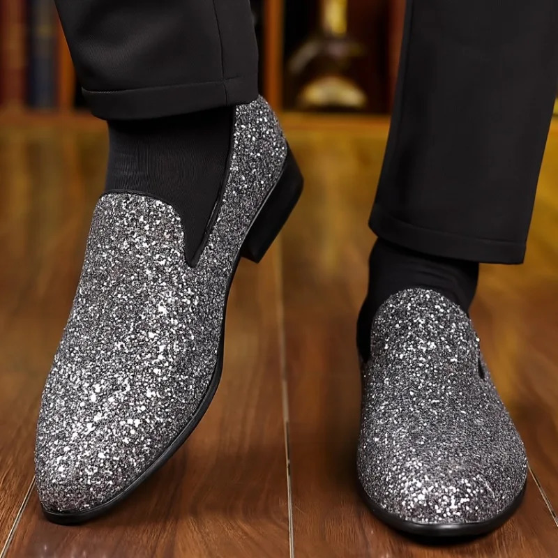 Loafers Men Shoes Gold Silver Sequin Wedding Shoes Fashion Slip on Flats High Quality Men Formal Party Shoes 260305