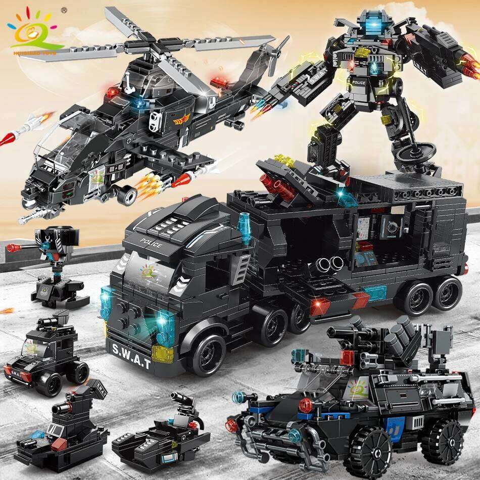 HUIQIBAO SWAT Police Truck Model Building Blocks City Helicopter Vehicle Car Figures Bricks Educational Toy For Children GIFT Z260306