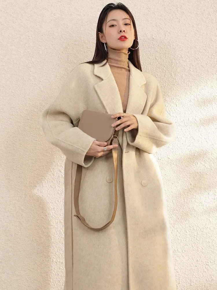 High Grade Gray DoubleSided Cashmere Coat For Women In Autumn And Winter With Hand Sewn Lapel Double Breasted Long 260228
