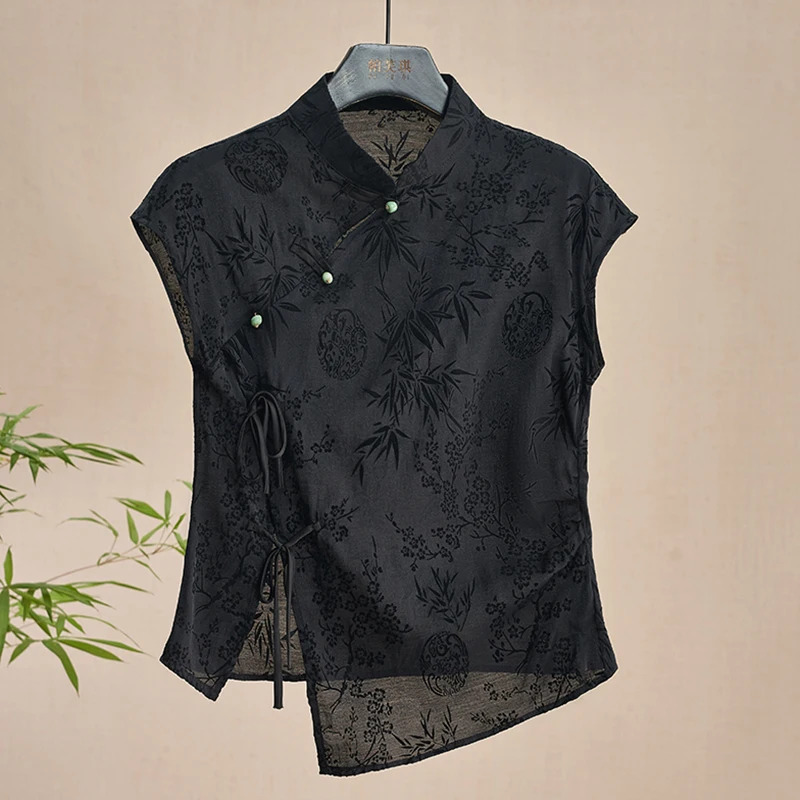 Retro Thin Shirt Chinese Style Cheongsam Top Black Jacquard Short Sleeve T-shirt Summer Mature Fashion Womens Clothing 260306