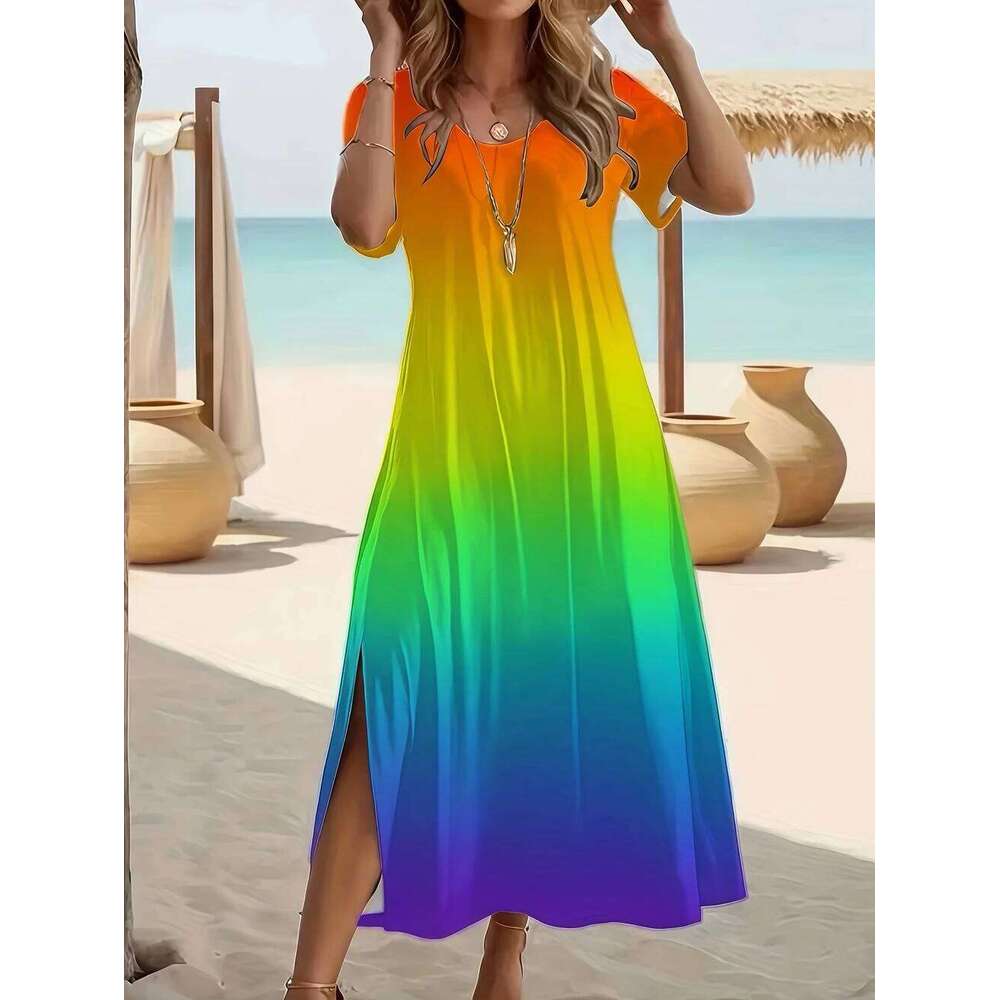 Elegant Summer Plus Size V-Neck Butterfly Print Dress - Split Hem Short Sleeve Women's Fashion