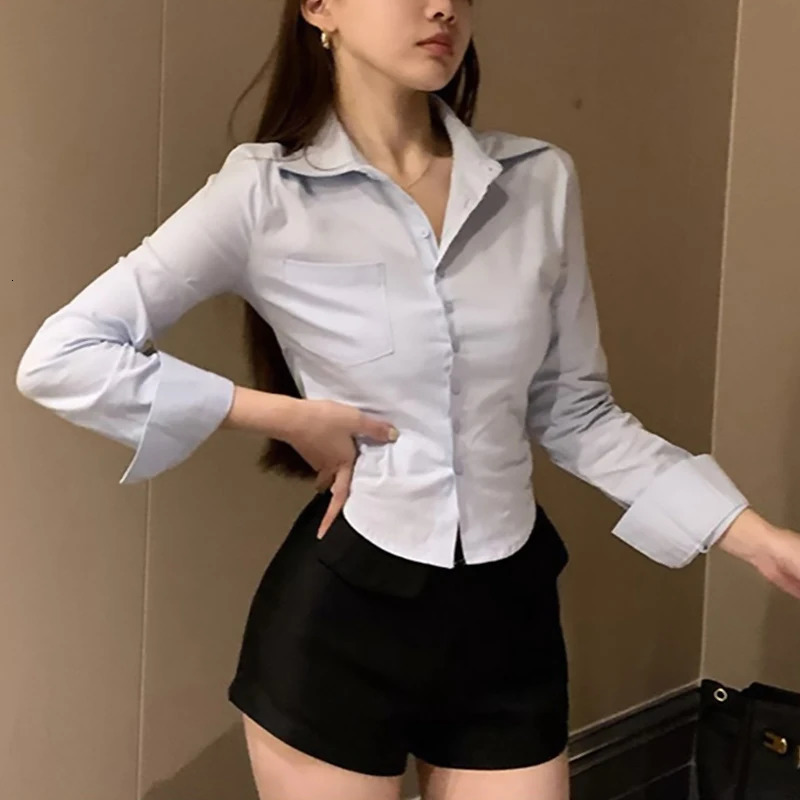 Korean White Office Women Chiffon Shirt Pocket Button Lapel Ladies Blouse Spring Commuter Long Sleeve Female Crop Tops 260306