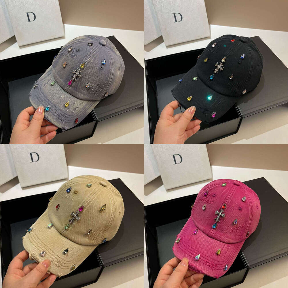 Distressed Multicolor Rhinestone Cross Baseball Cap Women Gothic Hat for Daily Commute & Streetwear
