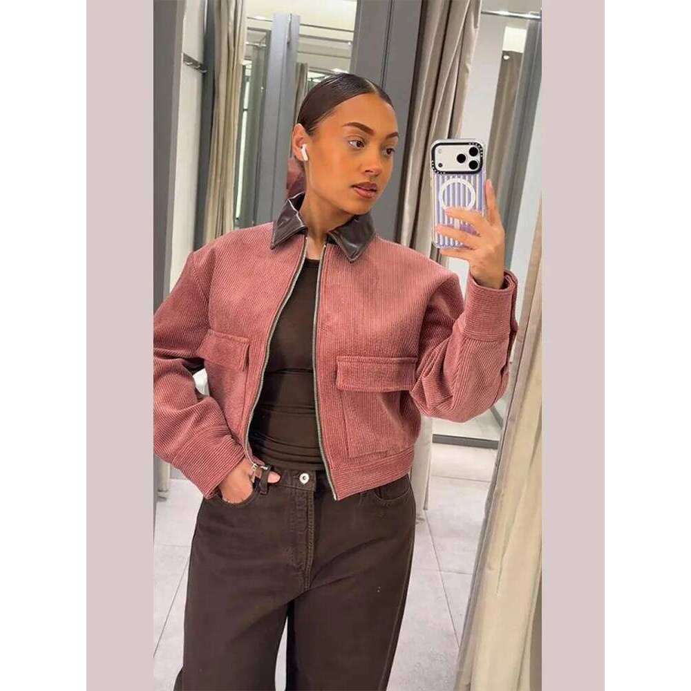 Women's Jacket Coat Leather Lapel Collar Patchwork Short Outerwear Female Daliy Street Casual Oversized Color Blocking Jackets