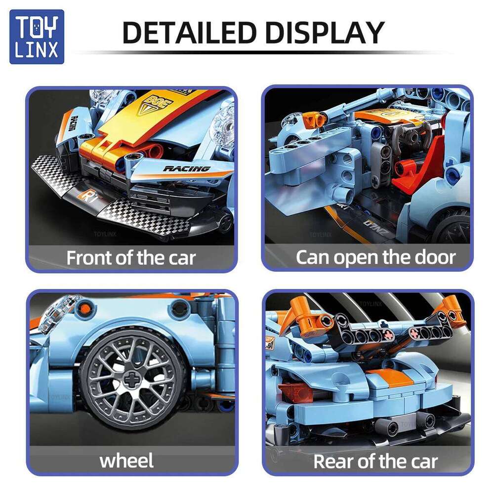 TOYLINX 523pcs Blue Supercar Building Block Set 1:18 Pull Back Mechanical Racing Sports Car Construction Toy Ideal Gift for Boys Z260305