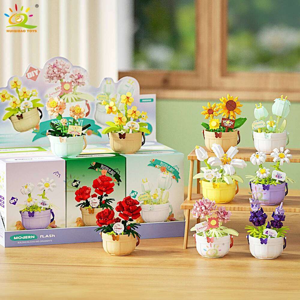 HUIQIBAO MOC Flower Micro Building Block DIY Rose Sunflower Pot Bouquet Mini Diamond Model Brick Toy for Children Desk Decor. Z260306