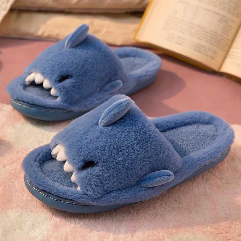 Comwarm Autumn And Winter Cartoon Shark Wool Slippers For Women Soft Home Mens Indoor Household Open Toe Plush Cotton Slippers S260305