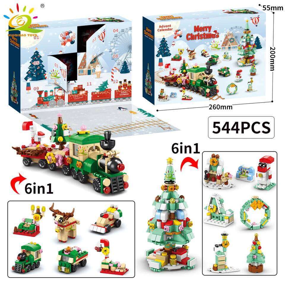 HUIQIBAO Christmas Countdown Calendar Elk Deer Santa Claus Building Blocks City Snow House Xmas Tree Bricks Set Toy for Children Z260306