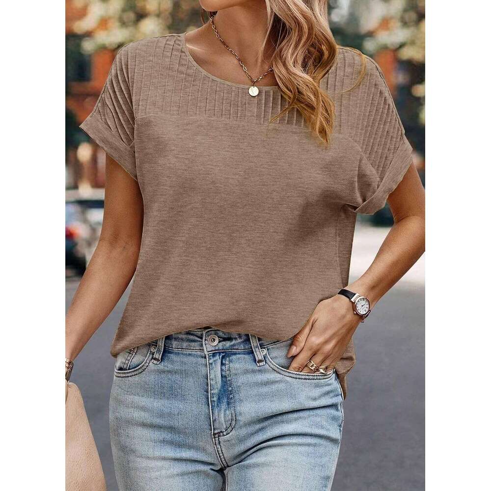Womens Tops Trendy Crewneck Short Sleeve Summer T Shirts Casual Solid Loose Basic Designer Pleated Blouses