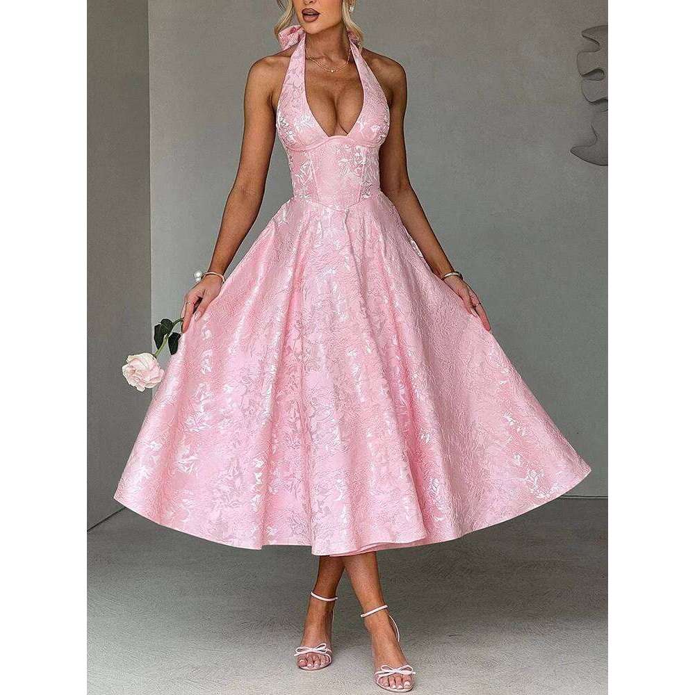 V-Neck Neckline Sleeveless Women's Dress Jacquard Tie Waist Resort Style Long Senior Party Dresses Summer New Mdng260306