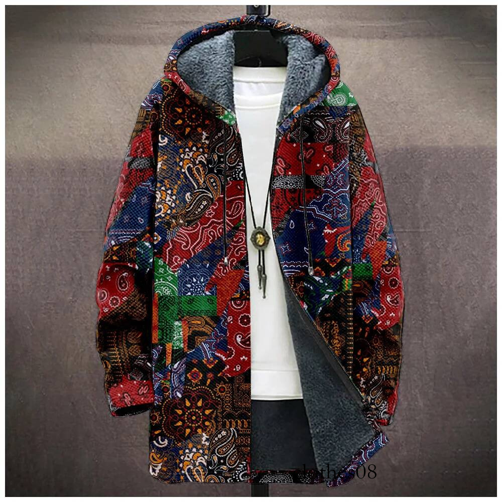 Youthful Colorful ethnic 3D Print Winter Sleeve Hoodies Zipper Jacket Men Fleece Long style Outerwear Warm Coats