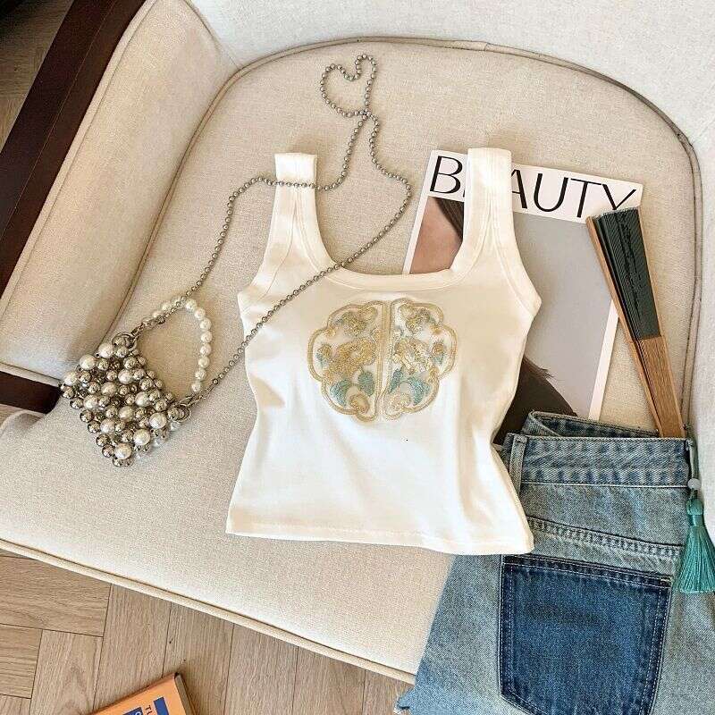 New Chinese-Style Women's Summer Camisole With Chest Pads, Short Embroidered Tank Top For Plus-Size Women