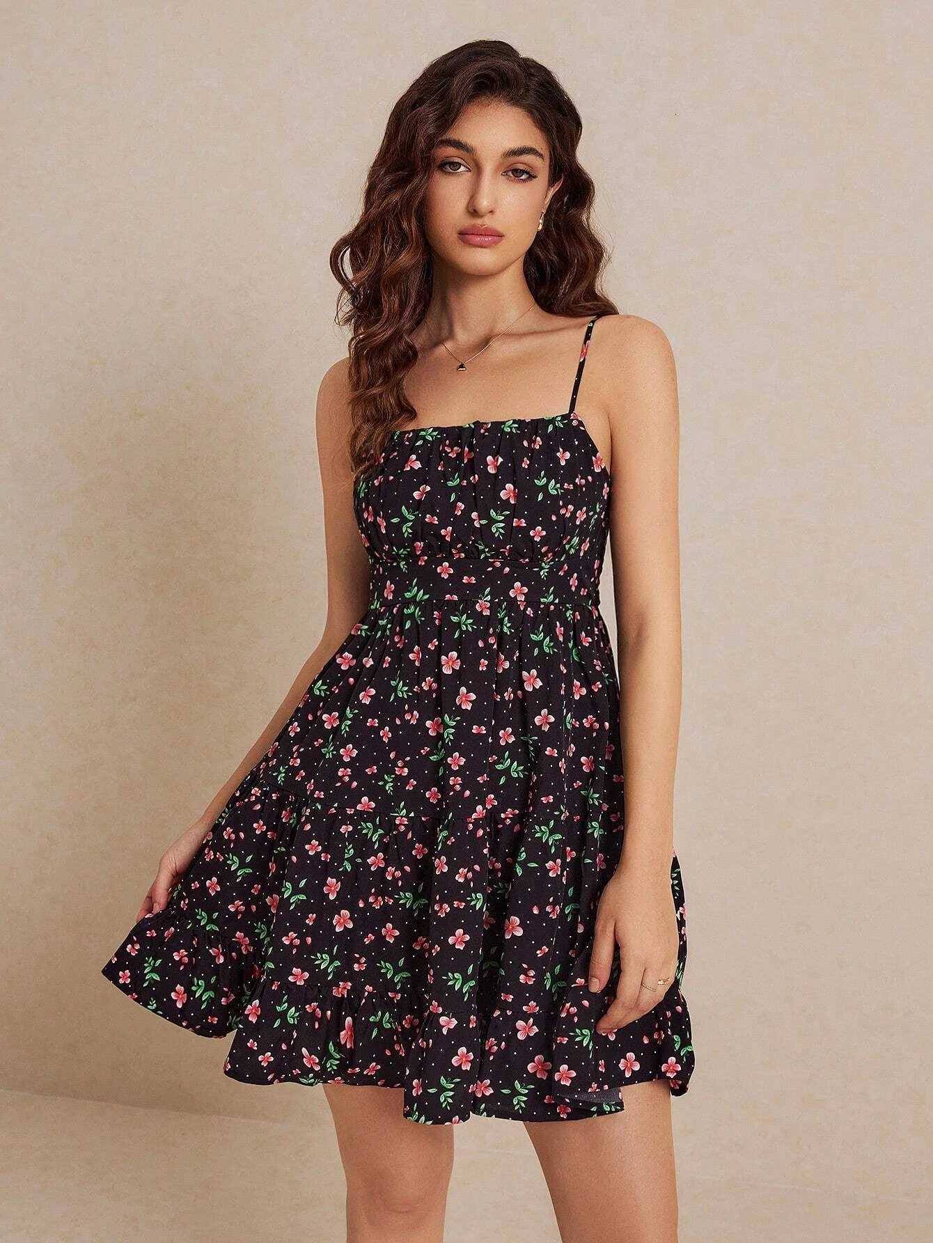 Elegant Floral Slim-Fit Ruched Cami Dress Exquisite Craftsmanship Versatile Perfect for Daily Commute Dates Trips X260306